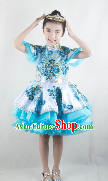 Traditional Chinese Children Classical Dance Blue Short Dress Stage Show Costume for Kids