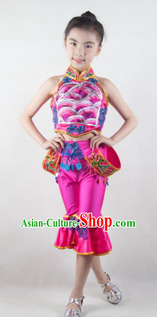 Traditional Chinese Folk Dance Rosy Outfits Spring Festival Fan Dance Yangko Dance Stage Show Costume for Kids