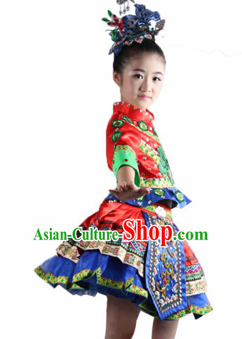 Traditional Chinese Dong Nationality Child Red Dress Ethnic Minority Folk Dance Costume for Kids