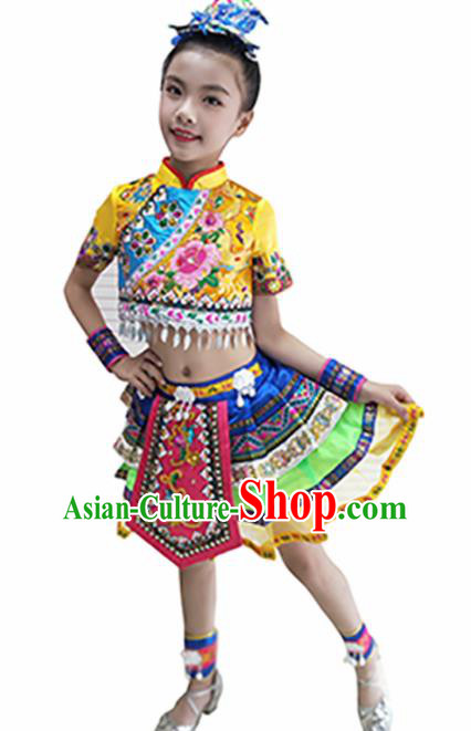 Traditional Chinese Tujia Nationality Child Yellow Dress Ethnic Minority Folk Dance Costume for Kids