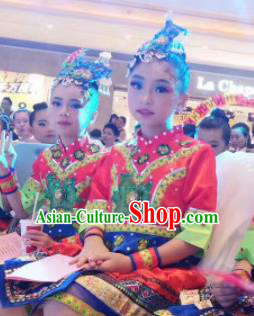 Traditional Chinese Dong Nationality Child Red Dress Ethnic Minority Folk Dance Costume for Kids