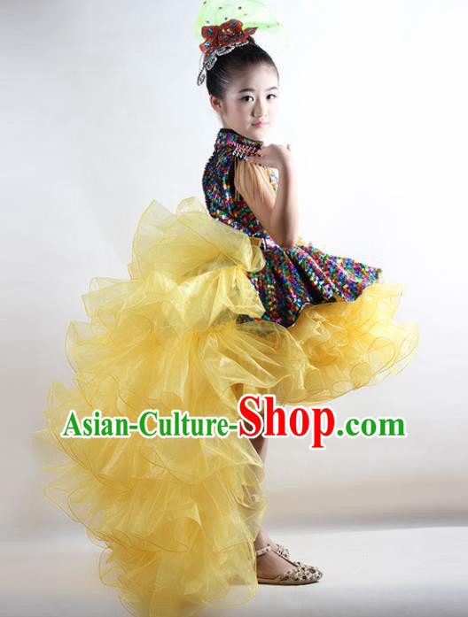 Traditional Chinese Children Classical Dance Yellow Veil Trailing Dress Stage Show Costume for Kids