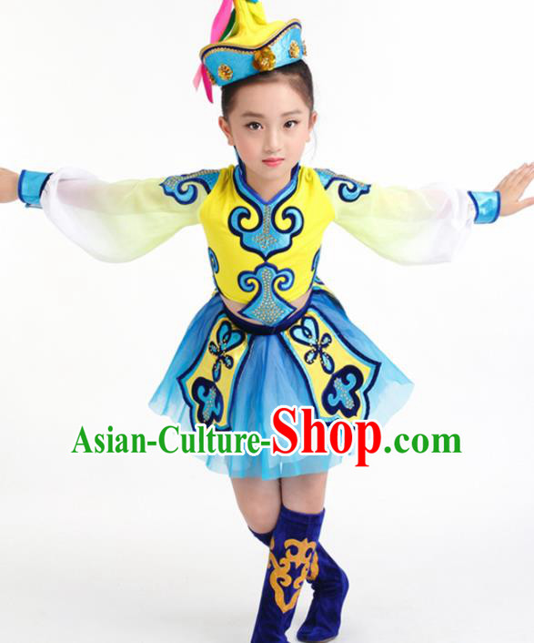 Traditional Chinese Child Mongol Nationality Blue Skirt Ethnic Minority Folk Dance Costume for Kids