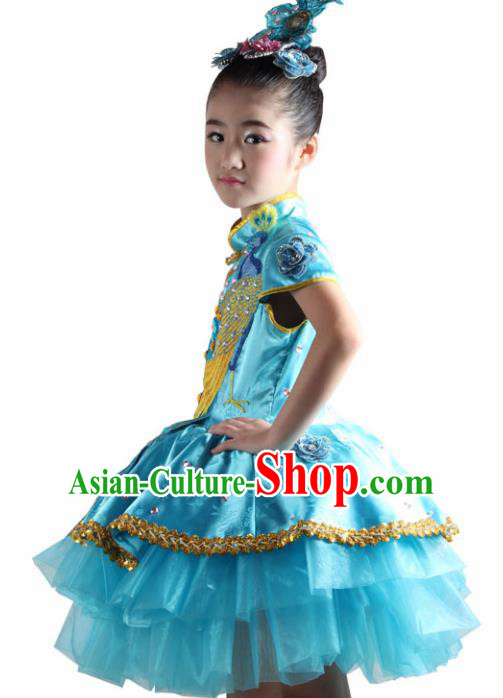 Traditional Chinese Children Classical Dance Blue Veil Dress Stage Show Costume for Kids