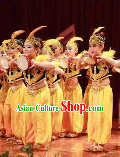 Traditional Chinese Xinjiang Uyghur Nationality Child Yellow Dress Ethnic Minority Folk Dance Costume for Kids