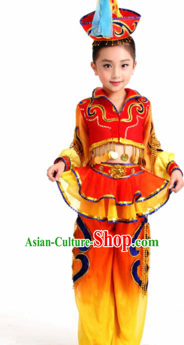 Traditional Chinese Child Mongol Nationality Red Skirt Ethnic Minority Folk Dance Costume for Kids