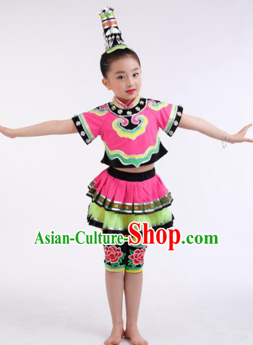 Traditional Chinese Child Tujia Nationality Pink Dress Ethnic Minority Folk Dance Costume for Kids