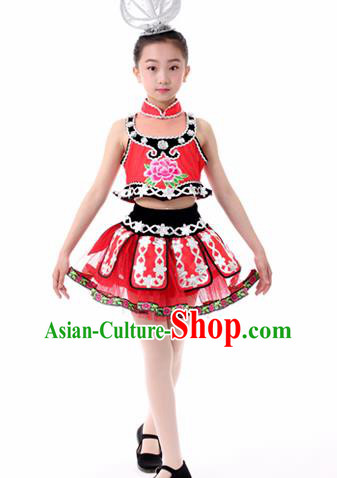 Traditional Chinese Child Miao Nationality Red Skirt Ethnic Minority Folk Dance Costume for Kids