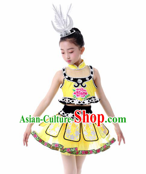 Traditional Chinese Child Miao Nationality Yellow Skirt Ethnic Minority Folk Dance Costume for Kids