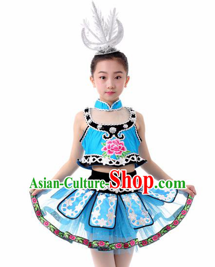 Traditional Chinese Child Miao Nationality Blue Skirt Ethnic Minority Folk Dance Costume for Kids