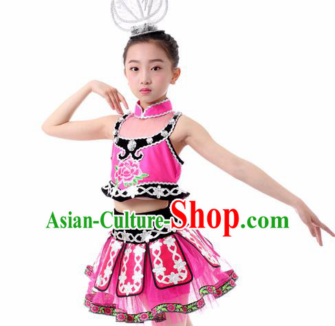 Traditional Chinese Child Miao Nationality Rosy Skirt Ethnic Minority Folk Dance Costume for Kids