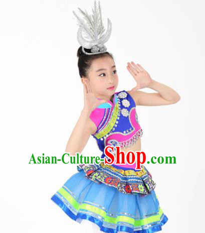 Traditional Chinese Child Yao Nationality Blue Skirt Ethnic Minority Folk Dance Costume for Kids