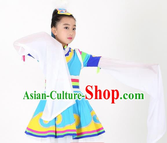 Traditional Chinese Child Zang Nationality Blue Skirt Ethnic Minority Folk Dance Costume for Kids