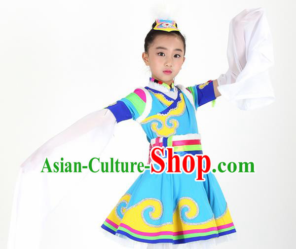 Traditional Chinese Child Zang Nationality Blue Skirt Ethnic Minority Folk Dance Costume for Kids
