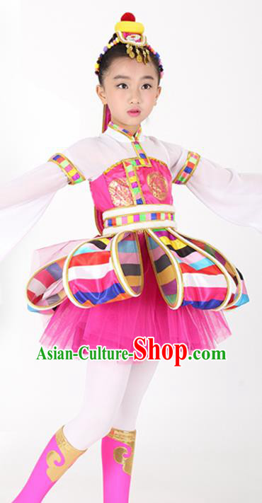 Traditional Chinese Child Tibetan Nationality Rosy Dress Ethnic Minority Folk Dance Costume for Kids