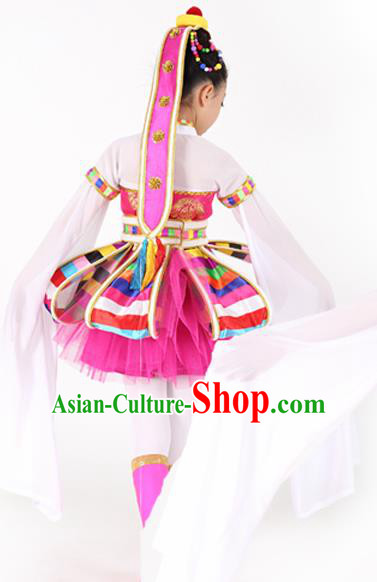 Traditional Chinese Child Tibetan Nationality Rosy Dress Ethnic Minority Folk Dance Costume for Kids