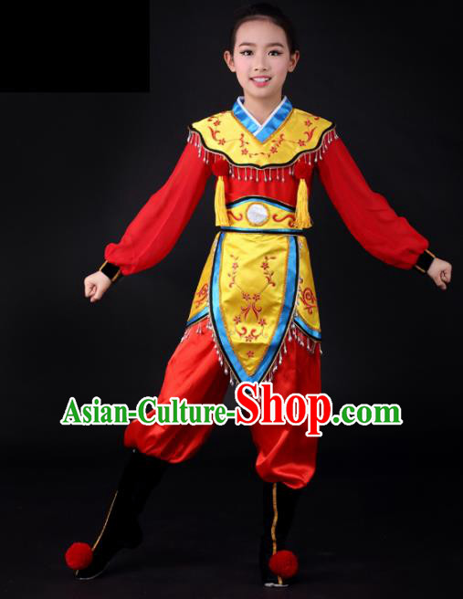 Traditional Chinese Children Classical Dance Hua Mulan Red Clothing Stage Show Costume for Kids