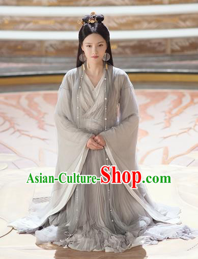 Chinese Ancient Swordswoman Grey Dress Drama Love and Destiny Princess Qing Yao Zhang Zhixi Costumes and Headpiece for Women