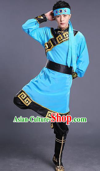 Traditional Chinese Mongol Nationality Blue Clothing Ethnic Minority Folk Dance Costume for Men