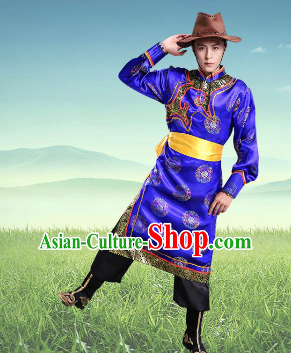 Traditional Chinese Mongol Nationality Royalblue Clothing Ethnic Minority Folk Dance Costume for Men