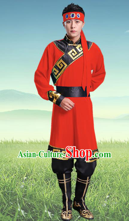 Traditional Chinese Mongol Nationality Red Clothing Ethnic Minority Folk Dance Costume for Men