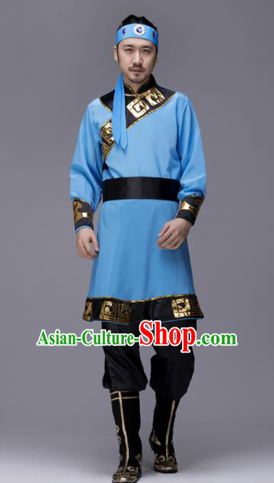 Traditional Chinese Mongol Nationality Blue Clothing Ethnic Minority Folk Dance Costume for Men