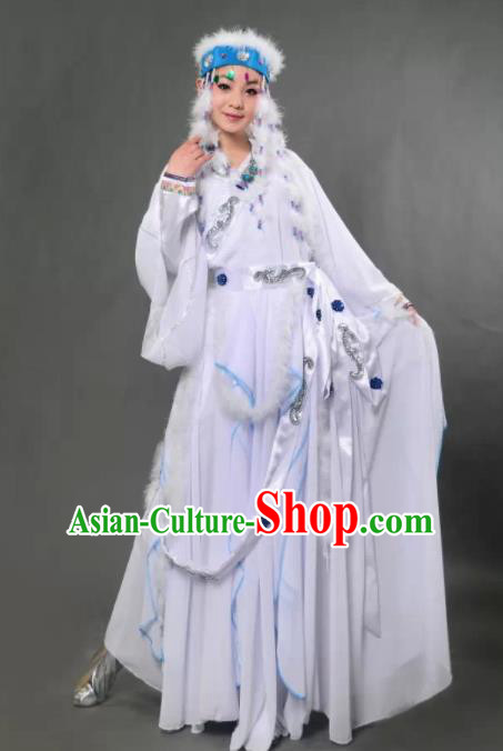 Traditional Chinese Hui Nationality Princess Han Xiang White Dress Ethnic Minority Folk Dance Costume for Women