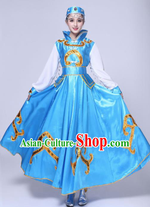 Traditional Chinese Mongol Nationality Princess Blue Dress Ethnic Minority Folk Dance Costume for Women