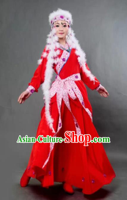 Traditional Chinese Mongol Nationality Princess Red Dress Ethnic Minority Folk Dance Costume for Women