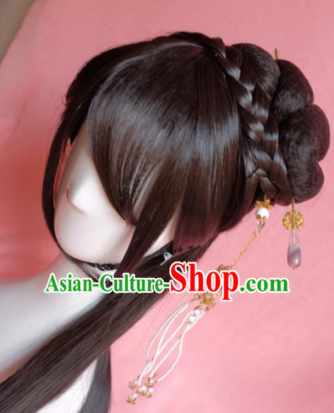 Traditional Chinese Ming Dynasty Nobility Lady Wigs Sheath Cosplay Ancient Goddess Female Swordsman Chignon for Women