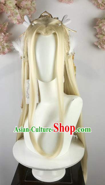 Traditional Chinese Cosplay Fairy Princess Golden Wigs Sheath Ancient Female Swordsman Chignon and Hair Accessories for Women