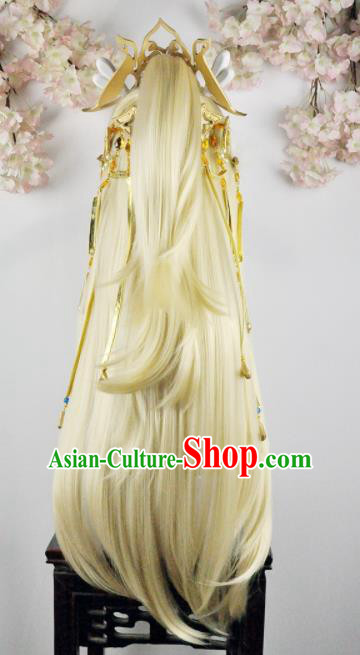 Traditional Chinese Cosplay Fairy Princess Golden Wigs Sheath Ancient Female Swordsman Chignon and Hair Accessories for Women