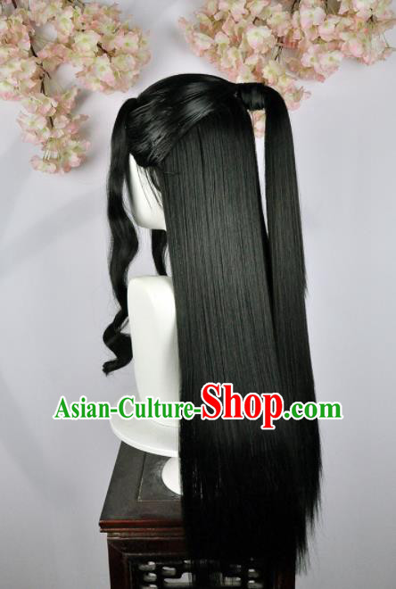 Traditional Chinese Cosplay Swordsman Black Wigs Sheath Ancient Taoist Chignon and Hair Accessories for Men