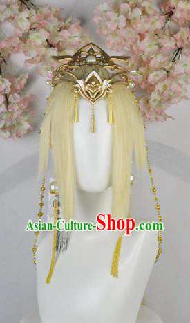 Traditional Chinese Cosplay Female Swordsman Golden Wigs Sheath Ancient Fairy Princess Chignon and Hair Accessories for Women