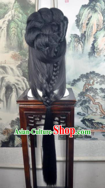 Traditional Chinese Cosplay Goddess Female Swordsman Black Wigs Sheath Ancient Princess Chignon for Women