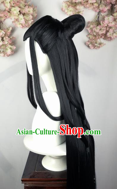 Traditional Chinese Cosplay Female Swordsman Black Wigs Sheath Ancient Princess Chignon for Women