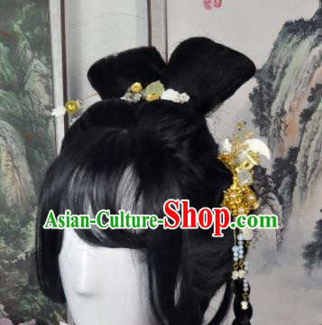 Traditional Chinese Cosplay Flowers Fairy Female Swordsman Black Wigs Sheath Ancient Princess Chignon for Women