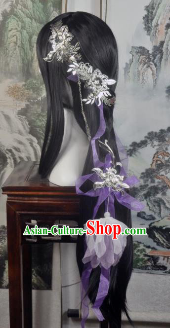 Traditional Chinese Cosplay Flowers Fairy Brown Wigs Sheath Ancient Female Swordsman Princess Chignon for Women