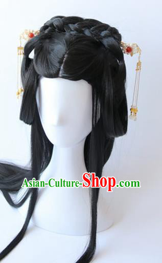 Traditional Chinese Cosplay Princess Shi Sanyue Black Long Wigs Sheath Ancient Female Swordsman Chignon for Women