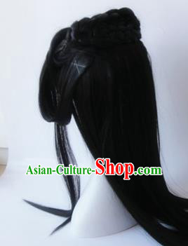 Traditional Chinese Cosplay Princess Shi Sanyue Black Long Wigs Sheath Ancient Female Swordsman Chignon for Women