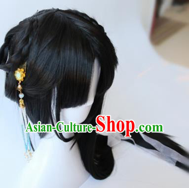 Traditional Chinese Cosplay Ming Dynasty Princess Black Long Wigs Sheath Ancient Female Swordsman Chignon for Women