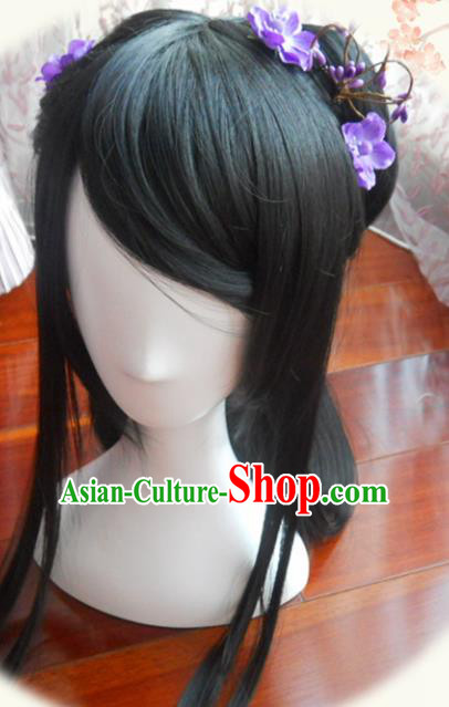 Traditional Chinese Cosplay Princess Ye Xihe Black Long Wigs Sheath Ancient Female Swordsman Chignon for Women