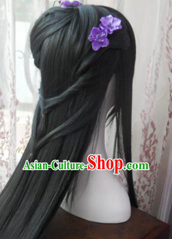 Traditional Chinese Cosplay Princess Ye Xihe Black Long Wigs Sheath Ancient Female Swordsman Chignon for Women