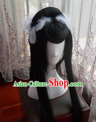 Traditional Chinese Cosplay Empress Bai Qian Black Long Wigs Sheath Ancient Female Swordsman Chignon for Women