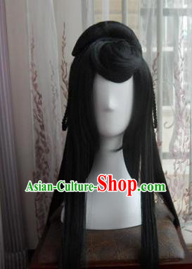 Traditional Chinese Cosplay Empress Bai Qian Black Long Wigs Sheath Ancient Female Swordsman Chignon for Women