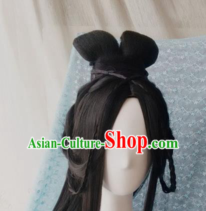 Traditional Chinese Cosplay Princess Feng Jiu Black Long Wigs Sheath Ancient Female Swordsman Chignon for Women