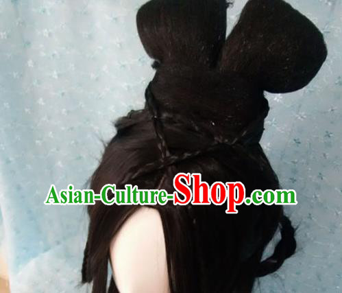 Traditional Chinese Cosplay Princess Feng Jiu Black Long Wigs Sheath Ancient Female Swordsman Chignon for Women