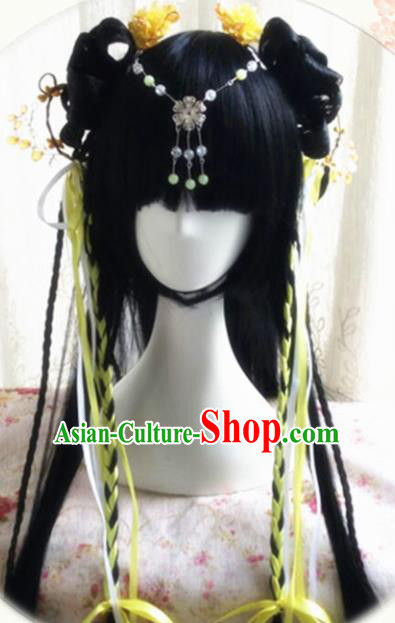 Traditional Chinese Cosplay Peri Princess Long Wigs Sheath Ancient Female Swordsman Chignon for Women