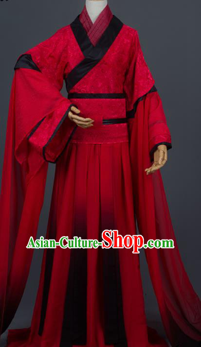 Traditional Chinese Cosplay Crown Prince Wedding Red Costumes Ancient Swordsman Hanfu Clothing for Men