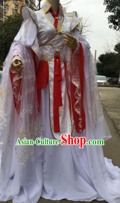 Traditional Chinese Cosplay Crown Prince White Costumes Ancient Swordsman Hanfu Clothing for Men